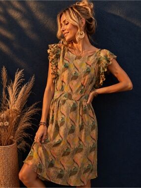 100% Silk | James Coviello | |Floral Mini Dress | Ruffle Sleeve | Vintage Boho